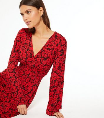 Red Floral Long Sleeve Midi Wrap Dress ...